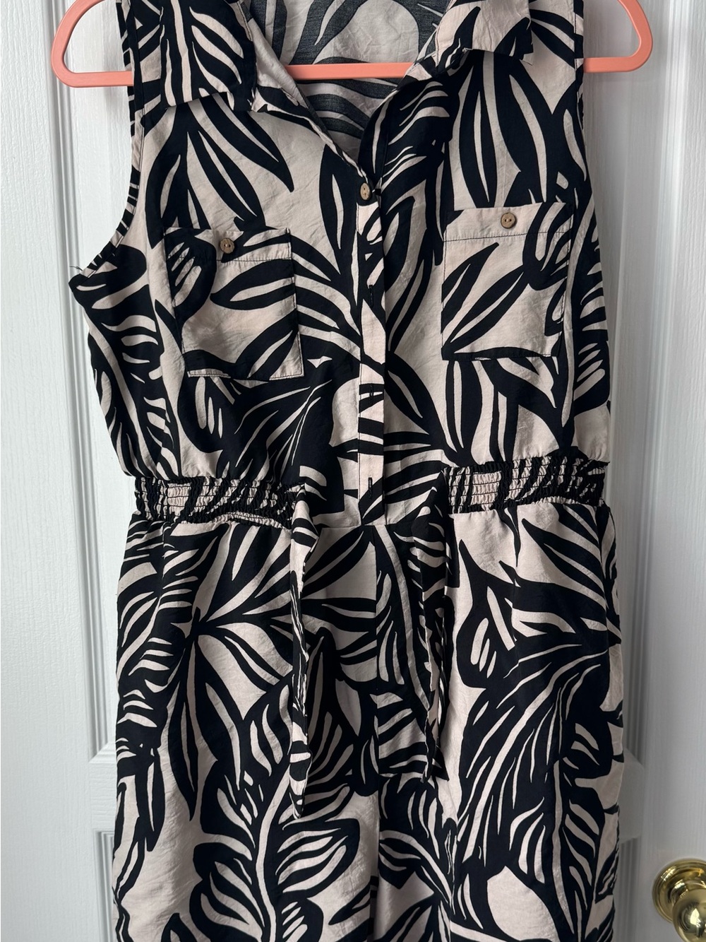 Marshalls Black and Cream Sleeveless Leaf-Print romper